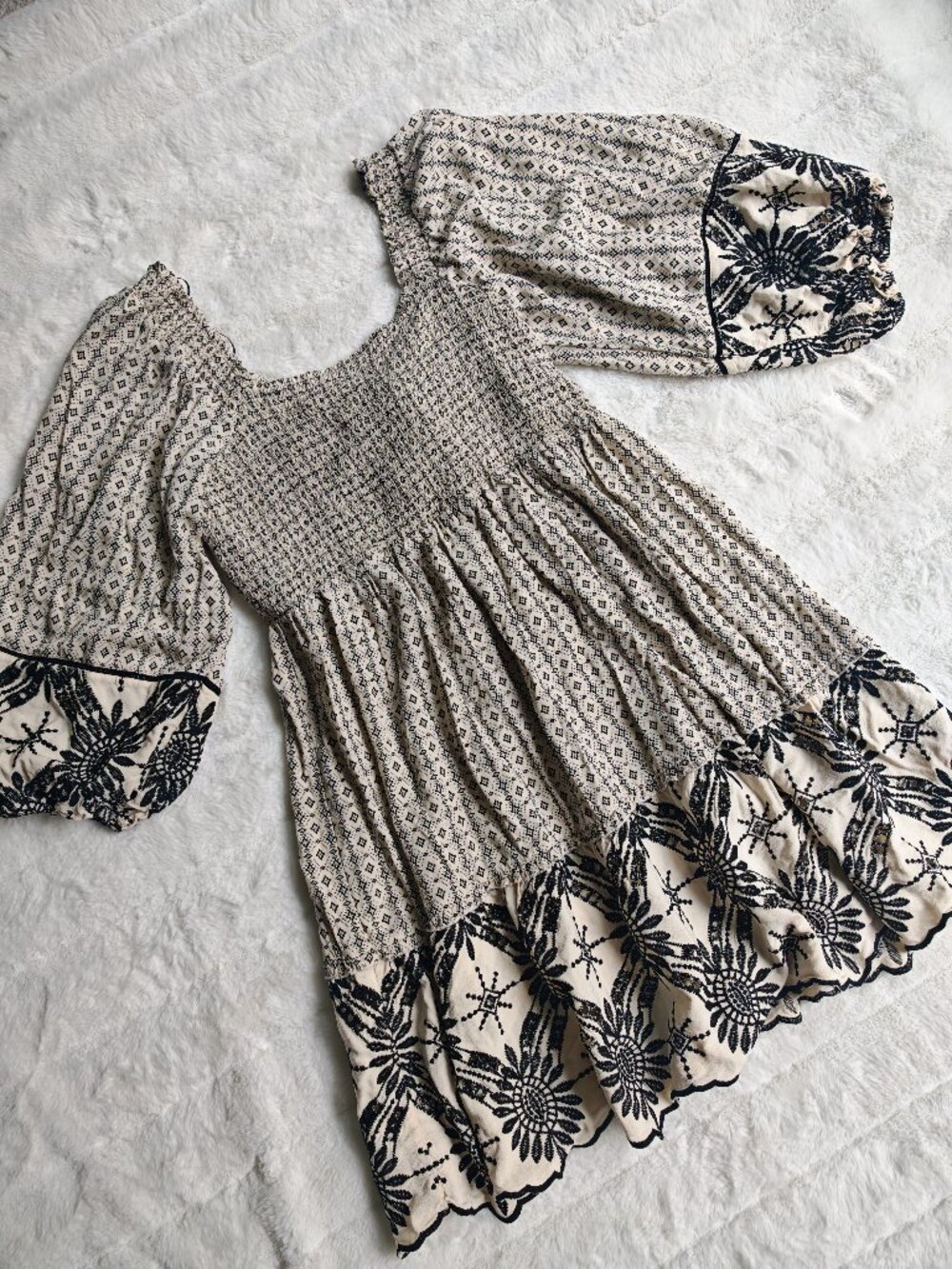 Tribal Femme French Oak Embroidered Mini Dress 2-Way Wear Boho Smocked Dress L - Picture 4 of 15